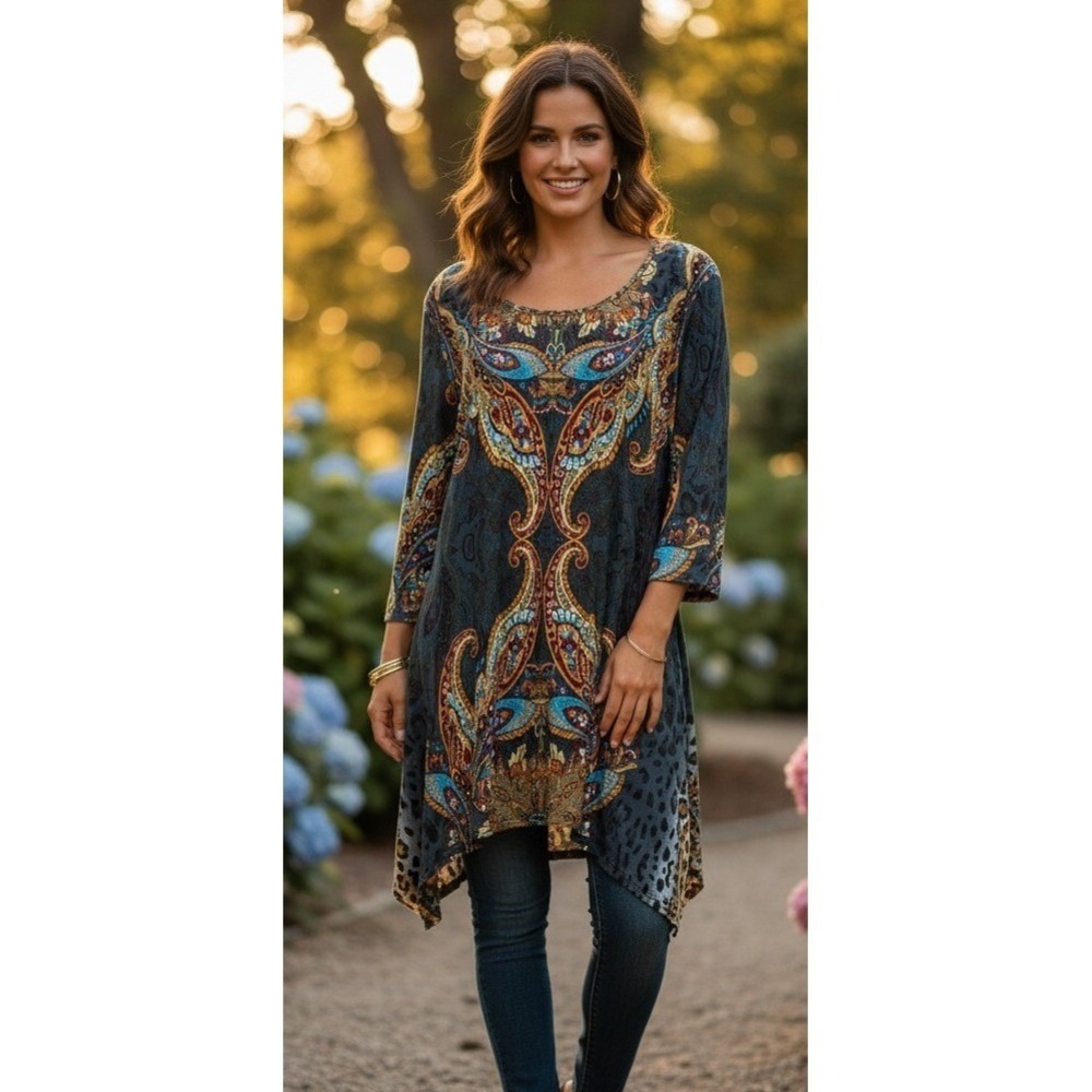 White Mark Tunic Top Leopard Print Paisley Long Sleeve Lagenlook Plus Size 2XL